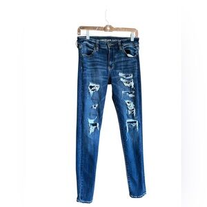 American Eagle Outfitters Women's Dark Blue Ripped Skinny Jeans